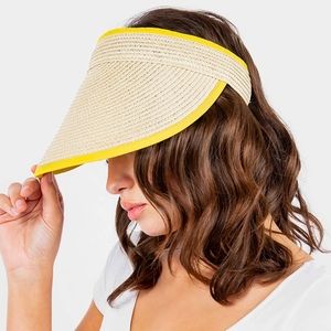 Yellow Trimmed Brim Straw Visor Womens Sun Hat Cap Cute Statement Accessory